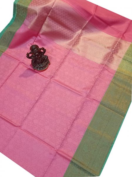 Pink and green kora silk saree with kuppatam border